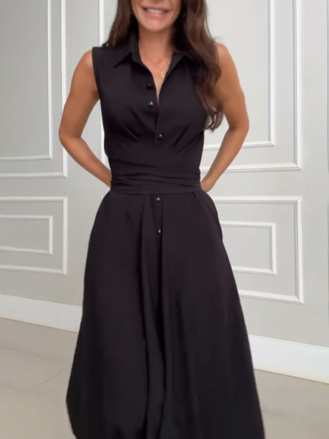 Unique Shirt Style Single-breasted Tie Midi Dress